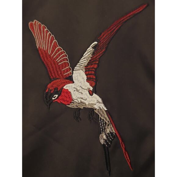 Groovy Monkey Black/Gray Satin Bomber Jacket w/Embroidered Hummingbirds, Medium - Picture 2 of 8